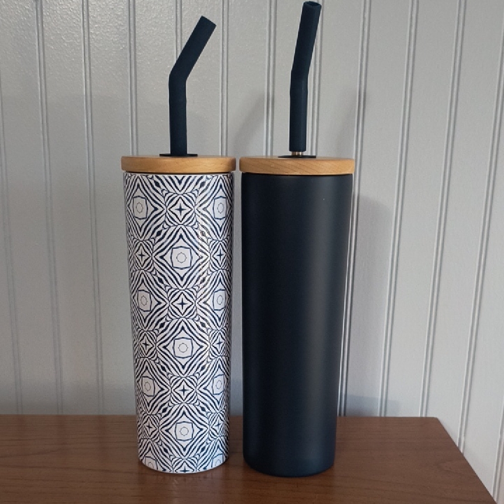Stylish Black and Patterned Tumblers with Bamboo Lids